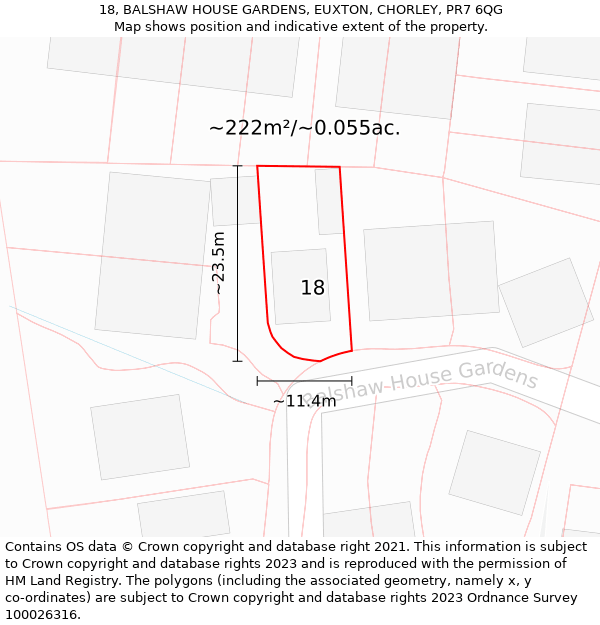 18, BALSHAW HOUSE GARDENS, EUXTON, CHORLEY, PR7 6QG: Plot and title map