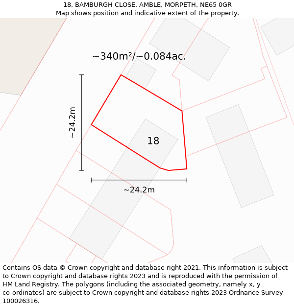 18, BAMBURGH CLOSE, AMBLE, MORPETH, NE65 0GR: Plot and title map
