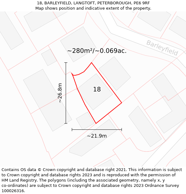 18, BARLEYFIELD, LANGTOFT, PETERBOROUGH, PE6 9RF: Plot and title map