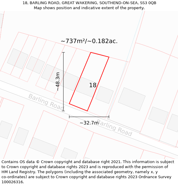 18, BARLING ROAD, GREAT WAKERING, SOUTHEND-ON-SEA, SS3 0QB: Plot and title map