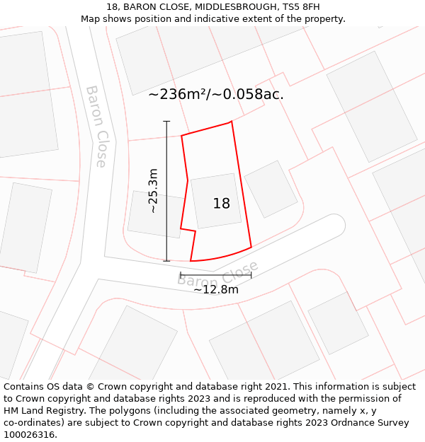 18, BARON CLOSE, MIDDLESBROUGH, TS5 8FH: Plot and title map