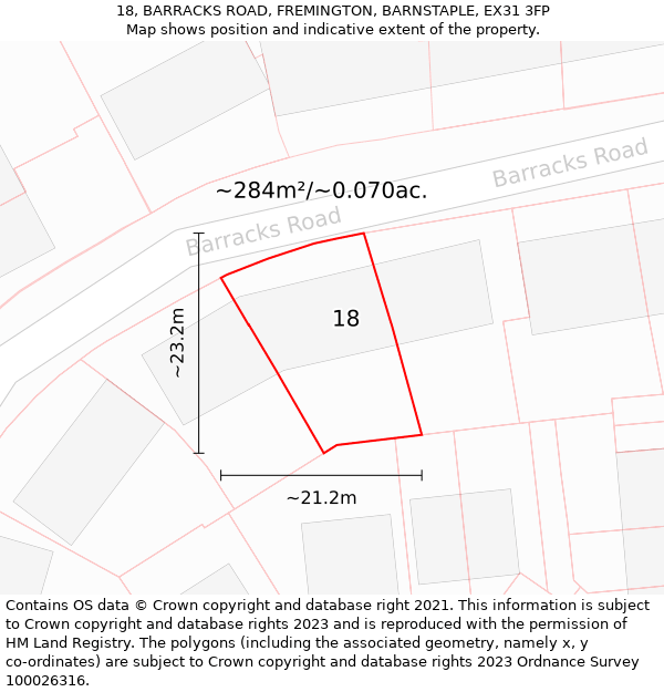 18, BARRACKS ROAD, FREMINGTON, BARNSTAPLE, EX31 3FP: Plot and title map