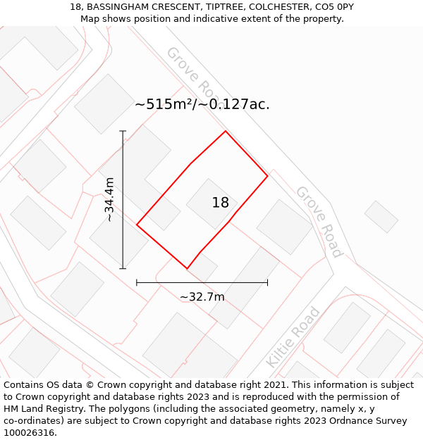 18, BASSINGHAM CRESCENT, TIPTREE, COLCHESTER, CO5 0PY: Plot and title map