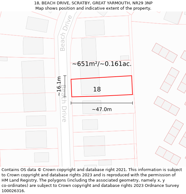 18, BEACH DRIVE, SCRATBY, GREAT YARMOUTH, NR29 3NP: Plot and title map