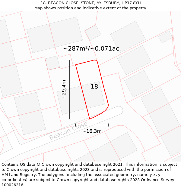 18, BEACON CLOSE, STONE, AYLESBURY, HP17 8YH: Plot and title map