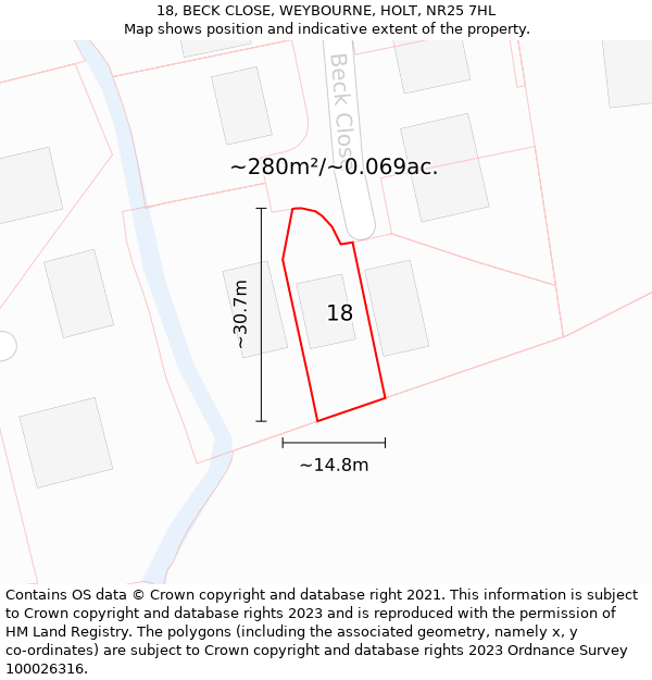 18, BECK CLOSE, WEYBOURNE, HOLT, NR25 7HL: Plot and title map