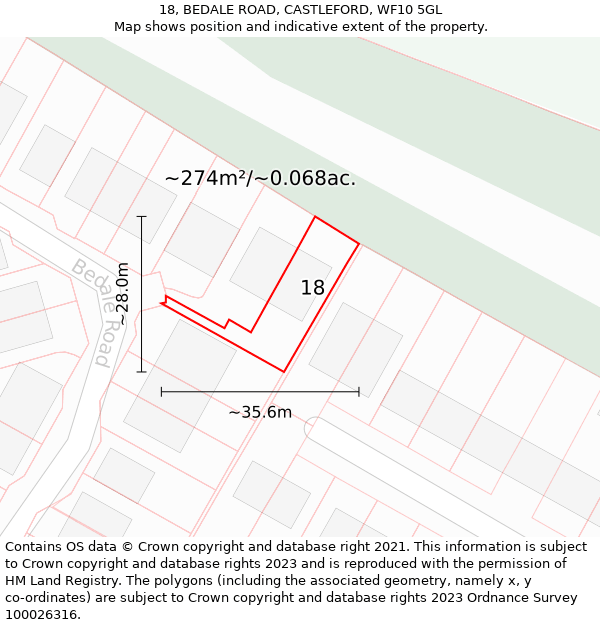 18, BEDALE ROAD, CASTLEFORD, WF10 5GL: Plot and title map