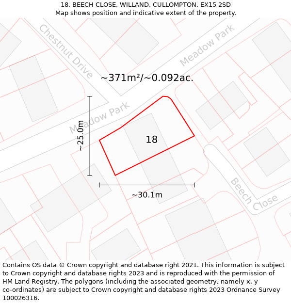 18, BEECH CLOSE, WILLAND, CULLOMPTON, EX15 2SD: Plot and title map