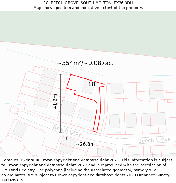 18, BEECH GROVE, SOUTH MOLTON, EX36 3DH: Plot and title map