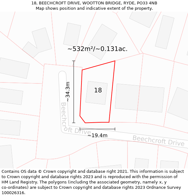 18, BEECHCROFT DRIVE, WOOTTON BRIDGE, RYDE, PO33 4NB: Plot and title map