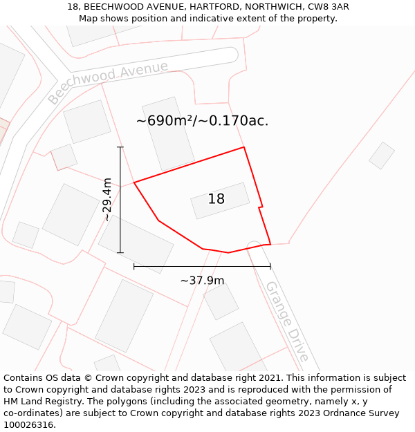 18, BEECHWOOD AVENUE, HARTFORD, NORTHWICH, CW8 3AR: Plot and title map