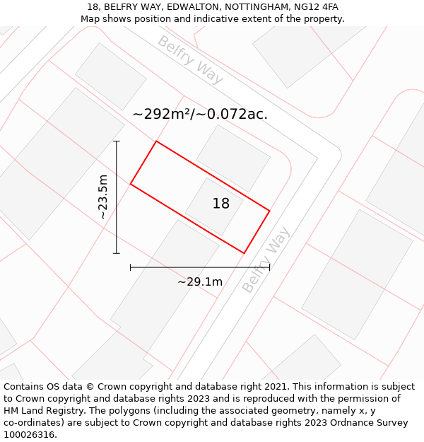 18, BELFRY WAY, EDWALTON, NOTTINGHAM, NG12 4FA: Plot and title map