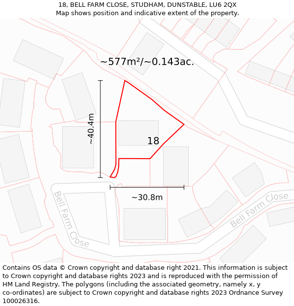 18, BELL FARM CLOSE, STUDHAM, DUNSTABLE, LU6 2QX: Plot and title map