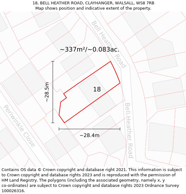 18, BELL HEATHER ROAD, CLAYHANGER, WALSALL, WS8 7RB: Plot and title map