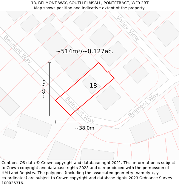 18, BELMONT WAY, SOUTH ELMSALL, PONTEFRACT, WF9 2BT: Plot and title map