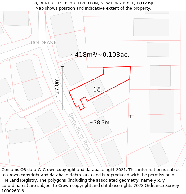 18, BENEDICTS ROAD, LIVERTON, NEWTON ABBOT, TQ12 6JL: Plot and title map