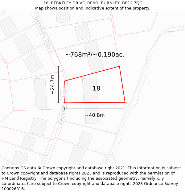 18, BERKELEY DRIVE, READ, BURNLEY, BB12 7QG: Plot and title map