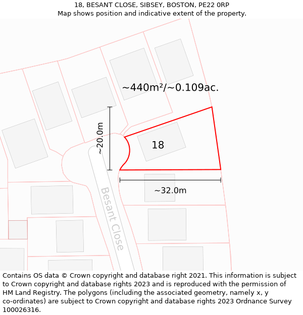 18, BESANT CLOSE, SIBSEY, BOSTON, PE22 0RP: Plot and title map