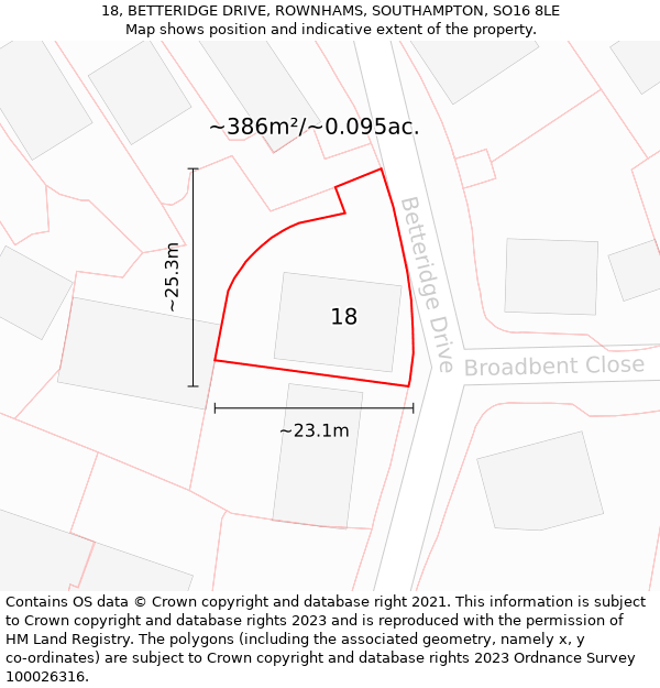 18, BETTERIDGE DRIVE, ROWNHAMS, SOUTHAMPTON, SO16 8LE: Plot and title map