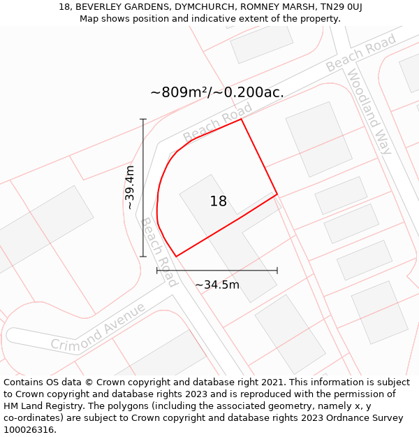 18, BEVERLEY GARDENS, DYMCHURCH, ROMNEY MARSH, TN29 0UJ: Plot and title map