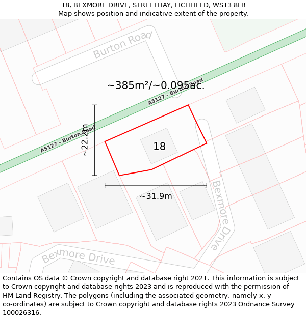 18, BEXMORE DRIVE, STREETHAY, LICHFIELD, WS13 8LB: Plot and title map