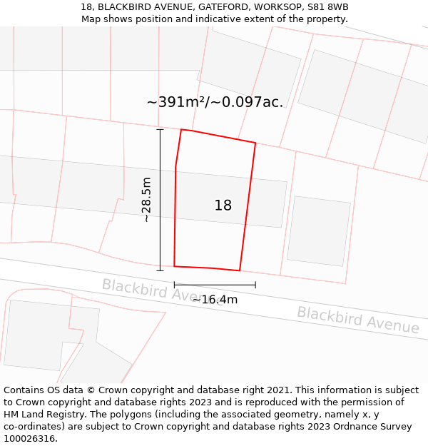 18, BLACKBIRD AVENUE, GATEFORD, WORKSOP, S81 8WB: Plot and title map