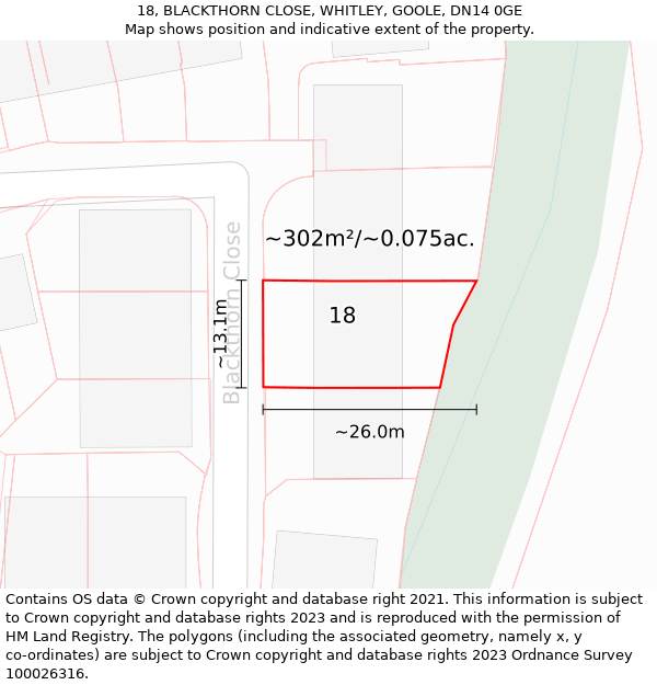 18, BLACKTHORN CLOSE, WHITLEY, GOOLE, DN14 0GE: Plot and title map