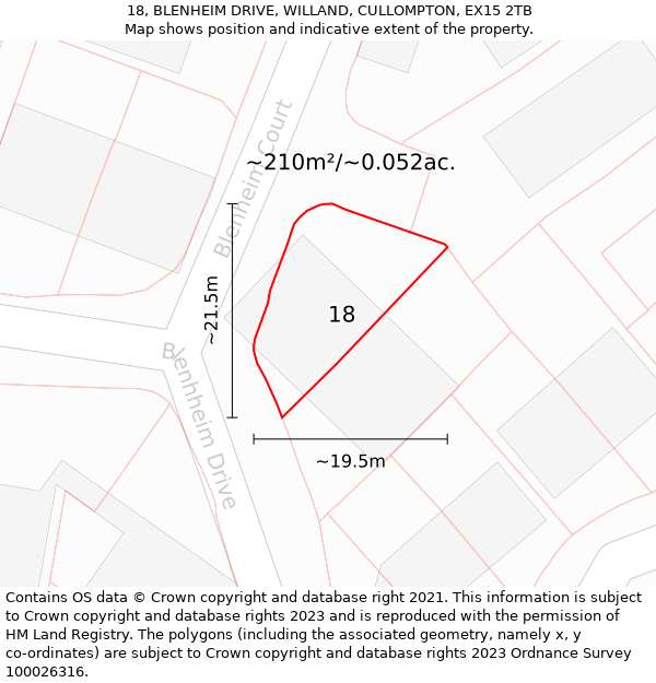 18, BLENHEIM DRIVE, WILLAND, CULLOMPTON, EX15 2TB: Plot and title map