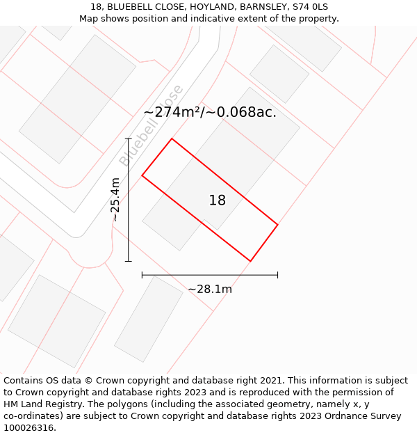 18, BLUEBELL CLOSE, HOYLAND, BARNSLEY, S74 0LS: Plot and title map