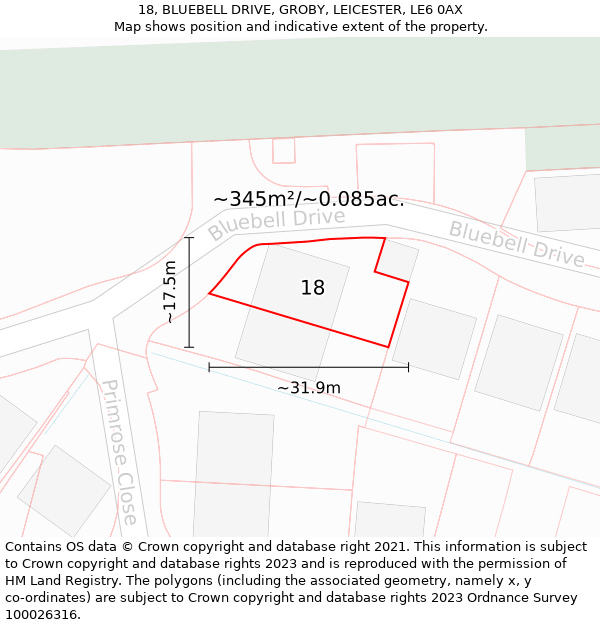 18, BLUEBELL DRIVE, GROBY, LEICESTER, LE6 0AX: Plot and title map