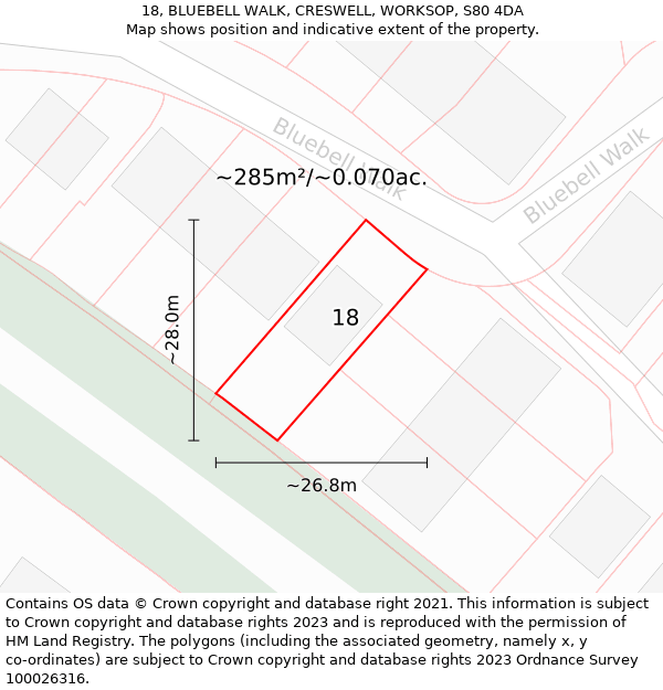 18, BLUEBELL WALK, CRESWELL, WORKSOP, S80 4DA: Plot and title map