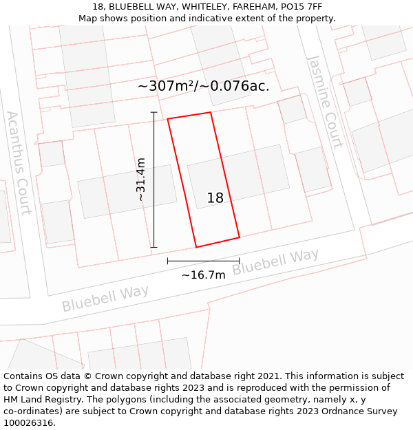 18, BLUEBELL WAY, WHITELEY, FAREHAM, PO15 7FF: Plot and title map