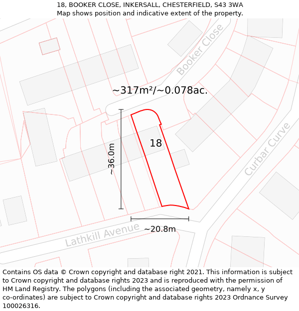 18, BOOKER CLOSE, INKERSALL, CHESTERFIELD, S43 3WA: Plot and title map