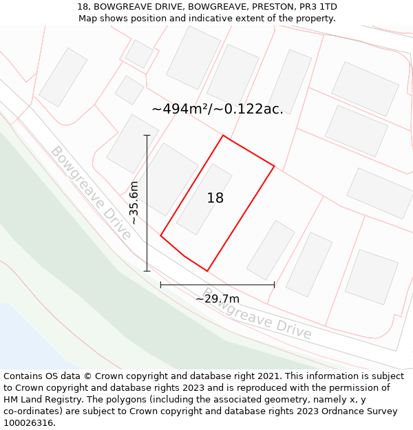 18, BOWGREAVE DRIVE, BOWGREAVE, PRESTON, PR3 1TD: Plot and title map