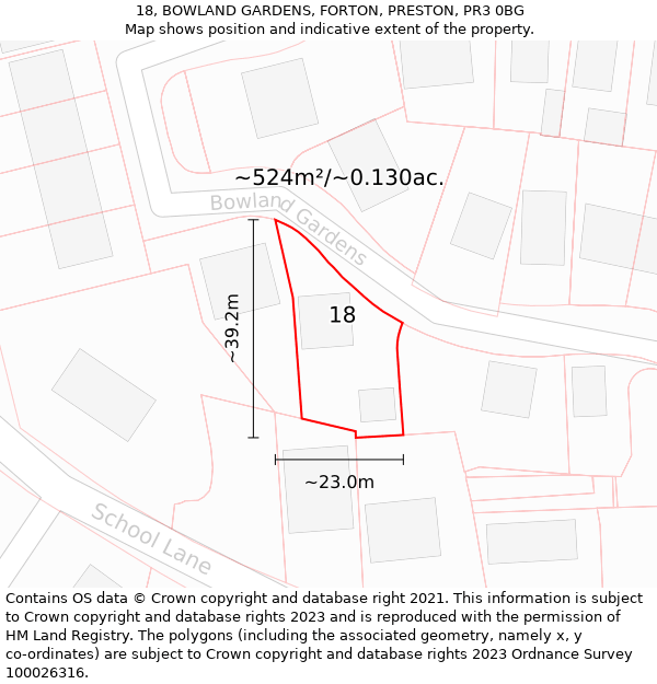 18, BOWLAND GARDENS, FORTON, PRESTON, PR3 0BG: Plot and title map