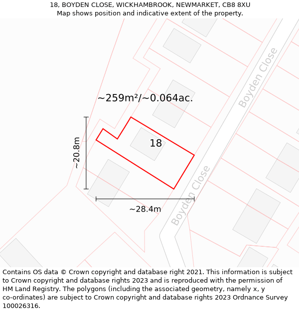 18, BOYDEN CLOSE, WICKHAMBROOK, NEWMARKET, CB8 8XU: Plot and title map