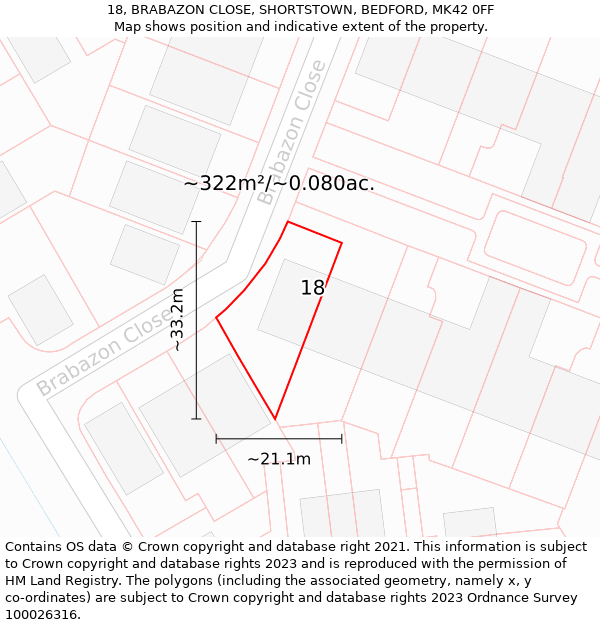 18, BRABAZON CLOSE, SHORTSTOWN, BEDFORD, MK42 0FF: Plot and title map