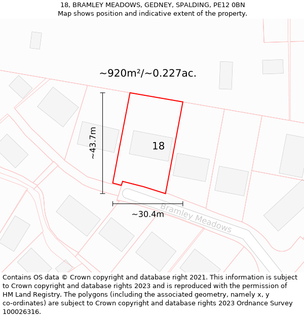 18, BRAMLEY MEADOWS, GEDNEY, SPALDING, PE12 0BN: Plot and title map