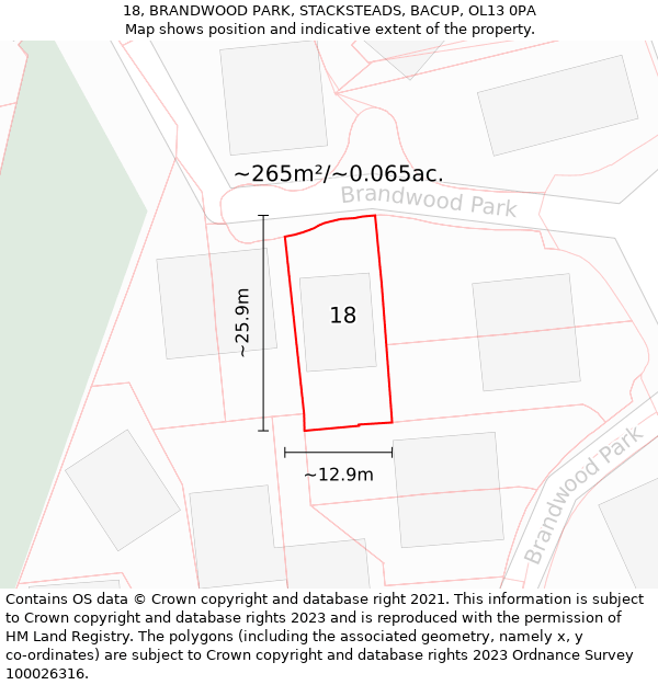 18, BRANDWOOD PARK, STACKSTEADS, BACUP, OL13 0PA: Plot and title map