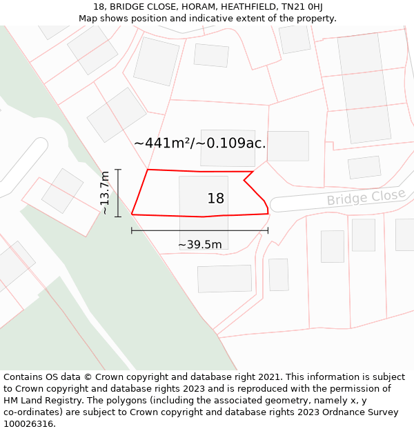 18, BRIDGE CLOSE, HORAM, HEATHFIELD, TN21 0HJ: Plot and title map