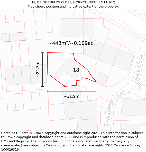 18, BRIDGEFIELDS CLOSE, HORNCHURCH, RM11 1GQ: Plot and title map