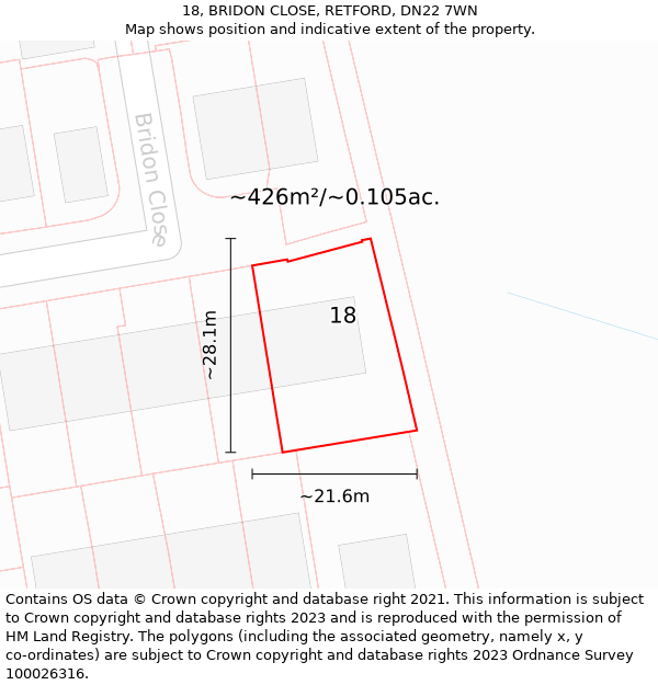 18, BRIDON CLOSE, RETFORD, DN22 7WN: Plot and title map