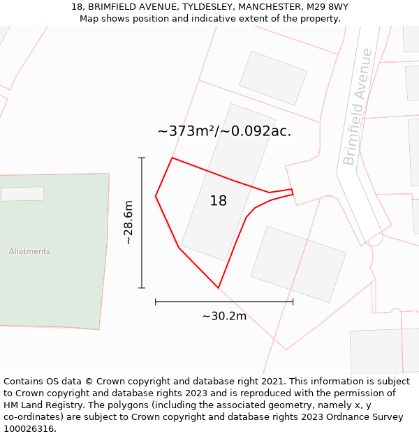 18, BRIMFIELD AVENUE, TYLDESLEY, MANCHESTER, M29 8WY: Plot and title map