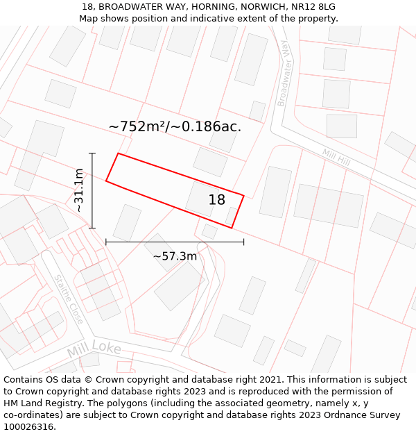 18, BROADWATER WAY, HORNING, NORWICH, NR12 8LG: Plot and title map