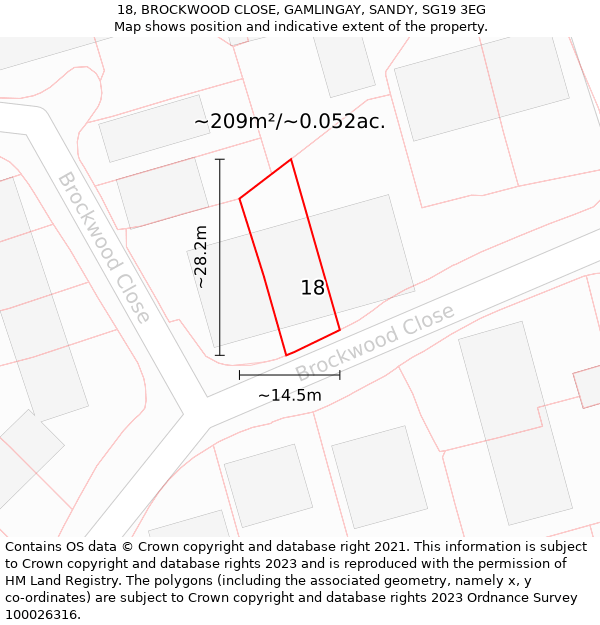 18, BROCKWOOD CLOSE, GAMLINGAY, SANDY, SG19 3EG: Plot and title map