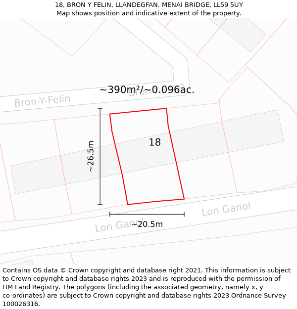 18, BRON Y FELIN, LLANDEGFAN, MENAI BRIDGE, LL59 5UY: Plot and title map