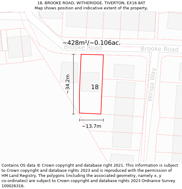 18, BROOKE ROAD, WITHERIDGE, TIVERTON, EX16 8AT: Plot and title map