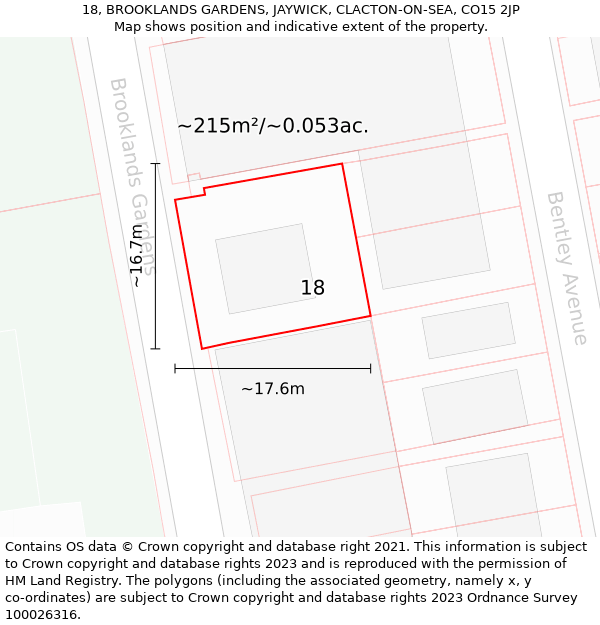 18, BROOKLANDS GARDENS, JAYWICK, CLACTON-ON-SEA, CO15 2JP: Plot and title map