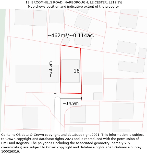 18, BROOMHILLS ROAD, NARBOROUGH, LEICESTER, LE19 3YJ: Plot and title map