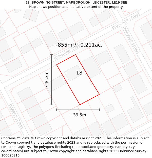 18, BROWNING STREET, NARBOROUGH, LEICESTER, LE19 3EE: Plot and title map